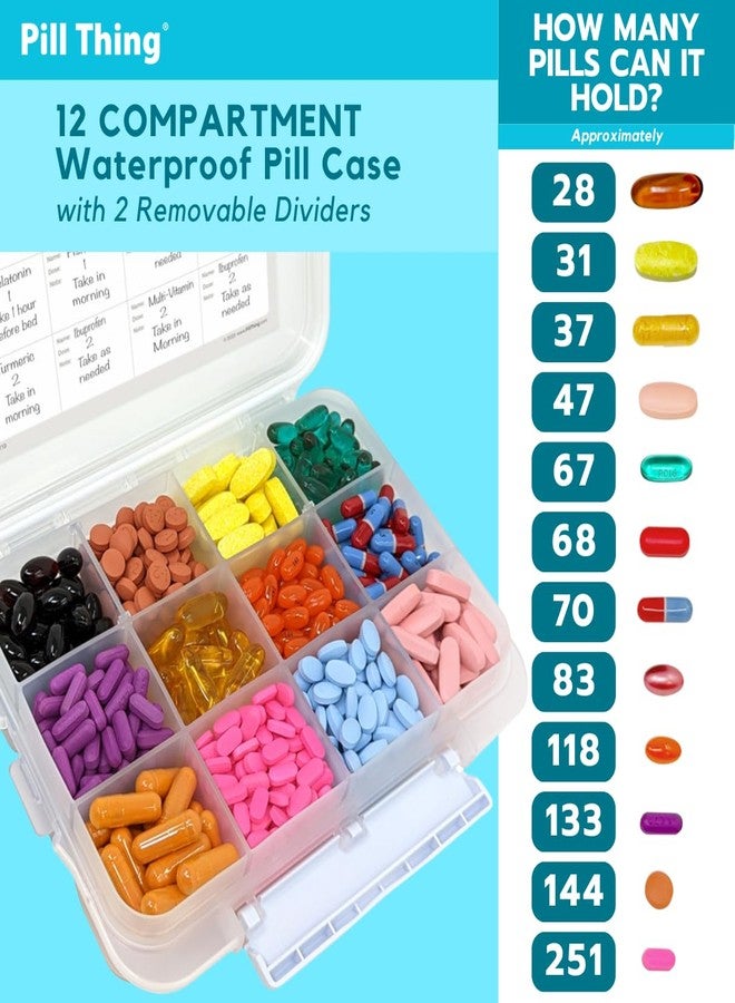 pill thing علبة حبوب كبيرة بـ 12 قسمًا مع ختم محكم الإغلاق - علبة أدوية مقاومة للماء مزودة بحشية سيليكون وخريطة للأدوية (شفافة، عبوة واحدة) - Image 3